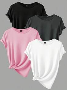 INAWLY Bộ 4 áo thun cổ tròn tay ngắn màu trơn thường ngày cho nữ - Nhiều màu - Xem 3