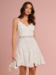 Enchnt Spring/Summer Romantic Women's White Exquisite 3D Flower Embroidered Waist Hollow Out Lace V-Neck Sleeveless Backless Cute Princess Mini Dress,Sweet&Elegant For Vacation&Date&Holiday&Party&Graduation&Wedding Guest&Beach,Prom Dress,Summer Dresses For Women,Sun Dresses For Women,Summer Clothes,Vestidos Elegantes De Mujer,Vestidos Elegantes Para Fiesta