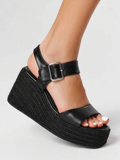 Goth Women's Fashion Punk Platform Thick Bottom Black Sandals, Summer Roman Strap Waterproof High Heel Metal Buckle Chunky Toe-Exposed High Heels