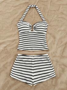 Soleia Women's Striped Ruffle Halter Top And Shorts Casual 2 Pieces Set