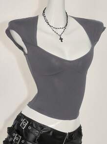 SHEIN ICON 性感露背圆领休闲功能性（吸湿排汗）黑色 T 恤