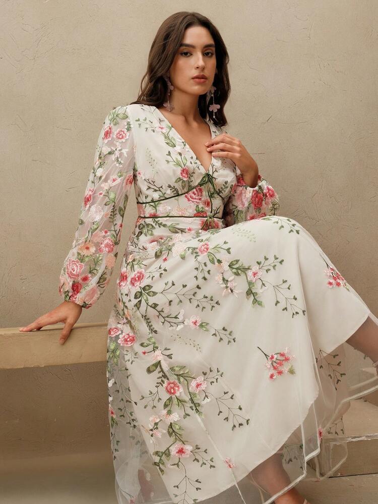 Women's V-Neck Embroidered Sheer Dress, Casual & Fashionable Holiday Slim Waist Plus Size Long Dress For Summer