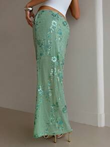 Aloruh 女士婚礼季优雅亮片刺绣修身低腰长款薄荷绿裙子低腰亮片长裙 - 薄荷绿蜜月女士婚礼宾客岛屿度假造型毕业