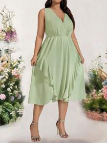 Bellastra Plus Size Women Green Ruffled Hem Split Hem Dress - Green - View 6