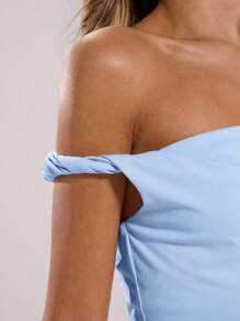 SHEIN BAE Women's Summer Plain Black Asymmetrical Neck Twist Front Bodysuit / Fashionable Casual Slim Fit Sleeveless Bodysuit - Baby Blue - View 3