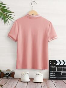 SHEIN Áo thun polo tay ngắn màu trơn cổ bẻ cho bé trai tuổi mới lớn - Hồng - Xem 2