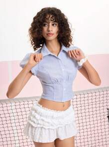 SHEIN MOD Blusa con cuello a rayas y mangas abultadas linda - Azul y blanco - Ver 6