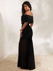 Opulessa Vestido maxi ajustado y de sirena con hombros descubiertos, tejido de punto y malla de un solo color para mujeres - Negro - Ver 2
