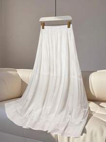 EMERY ROSE Women's Solid Color Elastic Waist Pleated A-Line Casual Commute Skirt - White - View 1