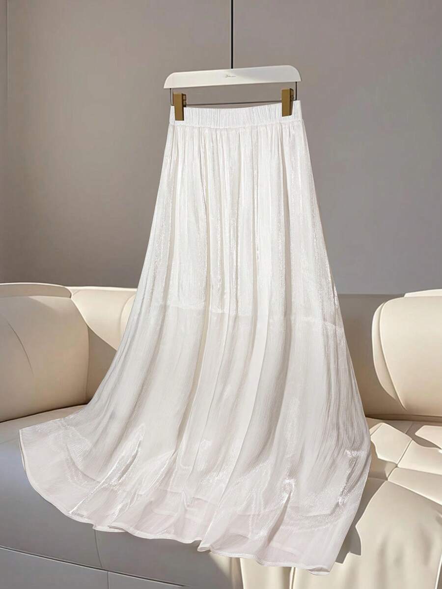 EMERY ROSE Women's Solid Color Elastic Waist Pleated A-Line Casual Commute Skirt - White - View 1