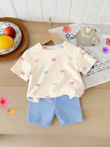 SHEIN Happikins 2pcs/Set Young Girl Casual Minimalist Short Sleeve Shorts Outfit, Suitable For Summer - Multicolor - View 6