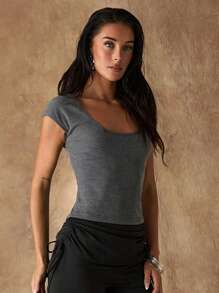 Glamine Camiseta de punto gris de manga corta ajustada con escote calado y cuentas, de estilo casual y sexy para vacaciones, para primavera/verano - Gris - Ver 8