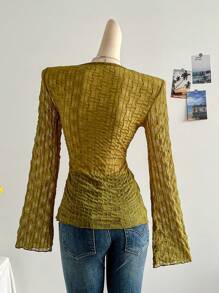 Soleia Áo cánh tay dài bằng vải kết cấu, cổ chữ V, thắt eo, tay loe, mặc ngày lễ thường ngày - màu xanh lá - Xem 2