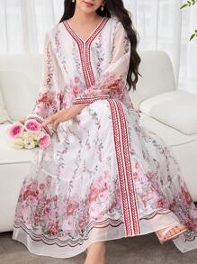 SHEIN Najma 优雅浪漫花卉图案雪纺拼接宽松女式连衣裙 - 彩色 - 查看 1