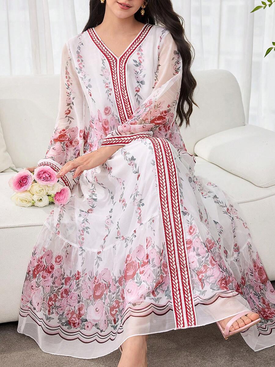 SHEIN Najma 优雅浪漫花卉图案雪纺拼接宽松女式连衣裙 - 彩色 - 查看 1