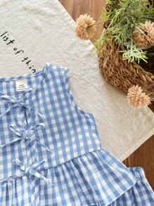 SHEIN 可爱夏季休闲蓝色格子蝴蝶结无袖上衣和松紧腰短裤套装，“女婴”