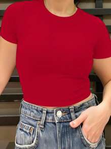 INAWLY 女士纯色圆领短袖T恤，夏季时尚 - 紅色 - 查看 4