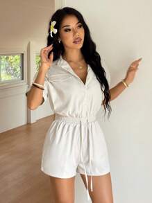 SHEIN Unity Women's Apricot Cinched Waist Faux Pocket Short Sleeve Jumpsuit, Spring/Summer - Apricot - View 4