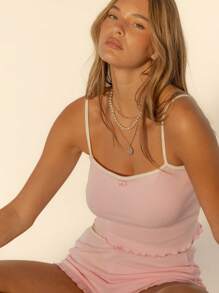 Aralina Super Soft Ruffled Edge Rib White Spaghetti Square Neck Cami Sleep Set With Headband - Baby Pink - View 8