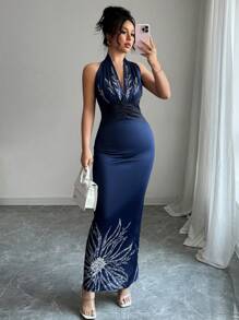 Rafferiza Women's Elegant Halter Neck Backless Fitted Positioning Printed Dress - Navy Blue - View 7