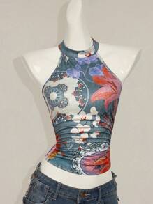 SHEIN ICON Y2k Summer Vintage Boho Concert Western Flora Ggraphic Women's Summer Sleeveless Print Halter Neck Camis