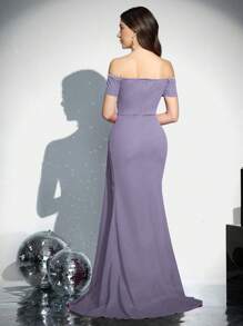 Coutiva Đầm dạ hội trang trọng hở vai tay ngắn đính đá lấp lánh màu hồng cánh sen dành cho nữ - Màu tím hoa cà - Xem 2