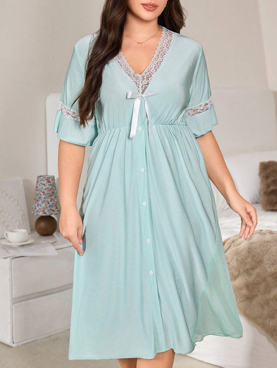 SHEIN 大码纯色网眼拼布深 V 领睡裙 - 薄荷綠 - 查看 1