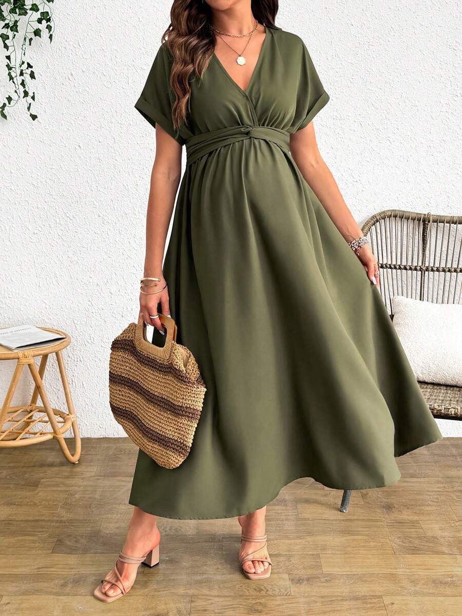 Cheriluna Maternity Maternity V-Neck Twist Wrap Short Sleeve Solid Color Dress - Army Green - View 1