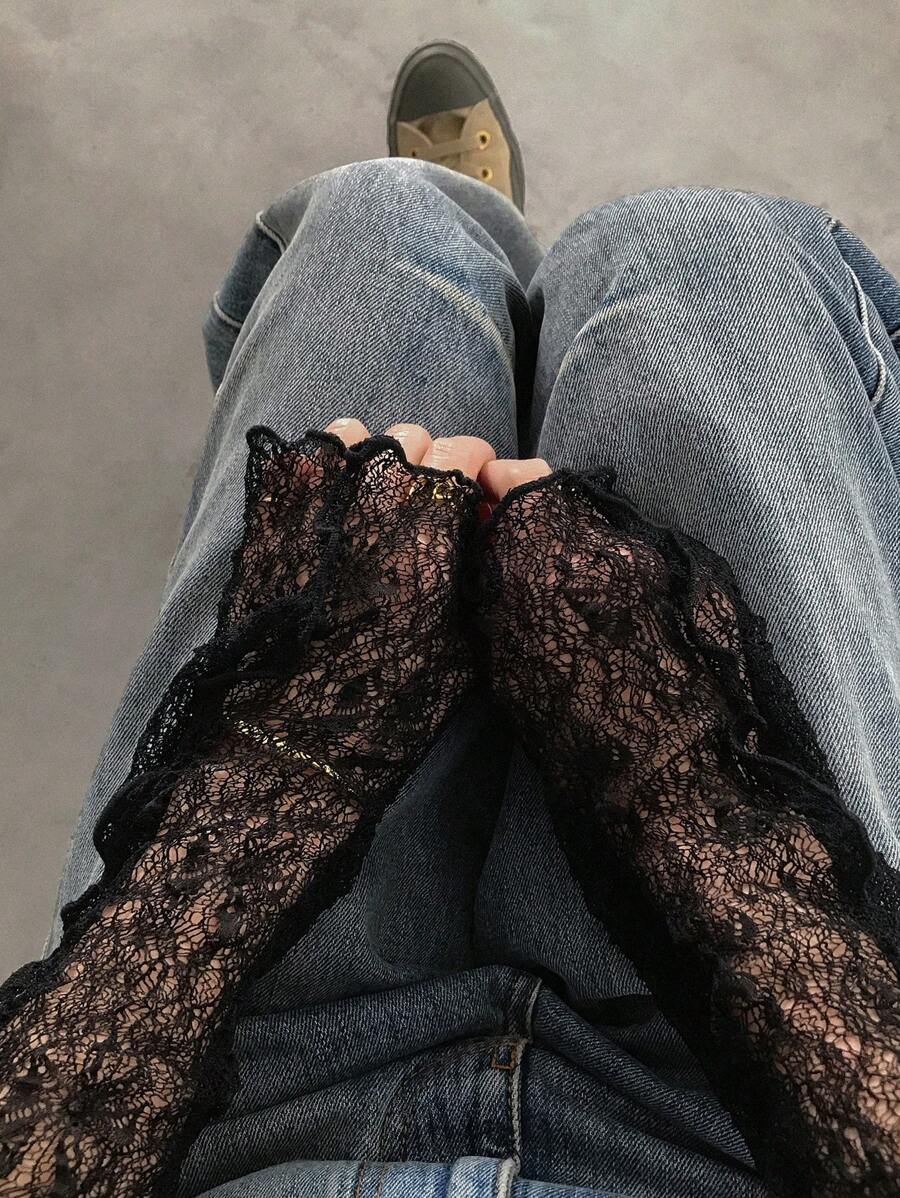 FRIFUL Women's Fitted Lace Blouse, Round Neck Long Sleeve Sheer Textural Fabric, Casual Versatile For Holidays, Beach - Black - View 1