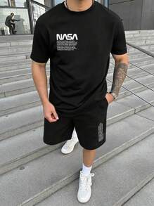 Manfinity Homme 2pcs Men's Slogan Print Round Neck Short Sleeve Casual T-Shirt And Drawstring Waist Shorts Set - Black - View 1