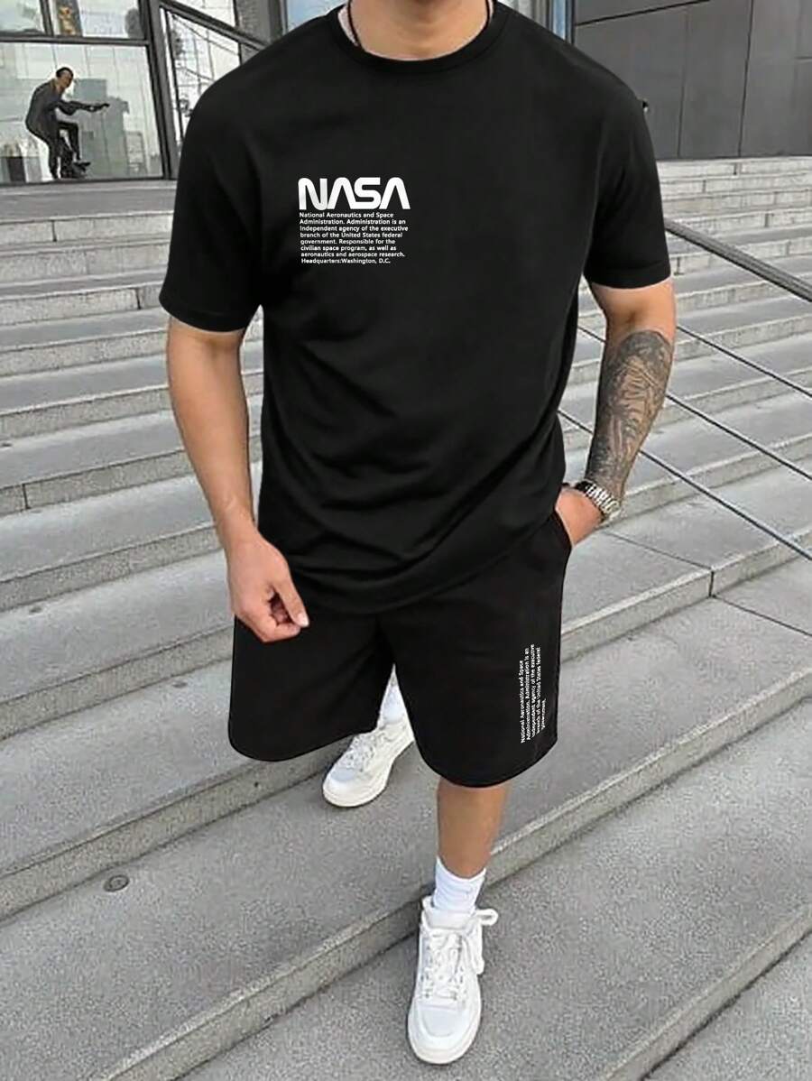 Manfinity Homme 2pcs Men's Slogan Print Round Neck Short Sleeve Casual T-Shirt And Drawstring Waist Shorts Set - Black - View 1