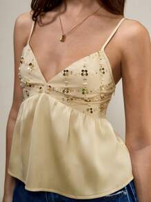 Muvela Women's Yellow Top With Sequin Design Ruffle Hem Fashionable Camisole For Outing - Champagne - View 6