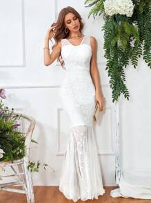 SHEIN Belle Váy dạ hội lưới sequin xẻ đùi tương phản, váy dạ hội trang trọng thanh lịch, dành cho khách dự tiệc cưới, tốt nghiệp, tiệc tối cho tiệc ngày lễ - trắng - Xem 4