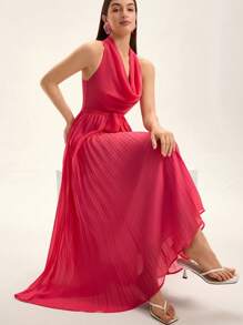 Femmeiva Elegant Summer Sleeveless Plunging Neck Pleated Lightweight Chiffon Dress For Women - Hot Pink - View 3