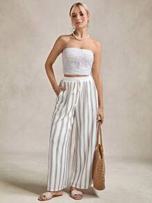 Wildy Women's Casual Resort Striped Print Elastic Waist Loose Palazzo Pants