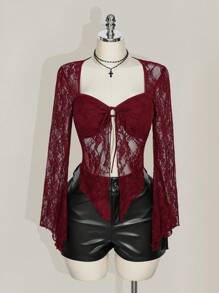 SHEIN ICON 加大码方领蕾丝喇叭袖前系带性感衬衫 - 酒紅色 - 查看 6