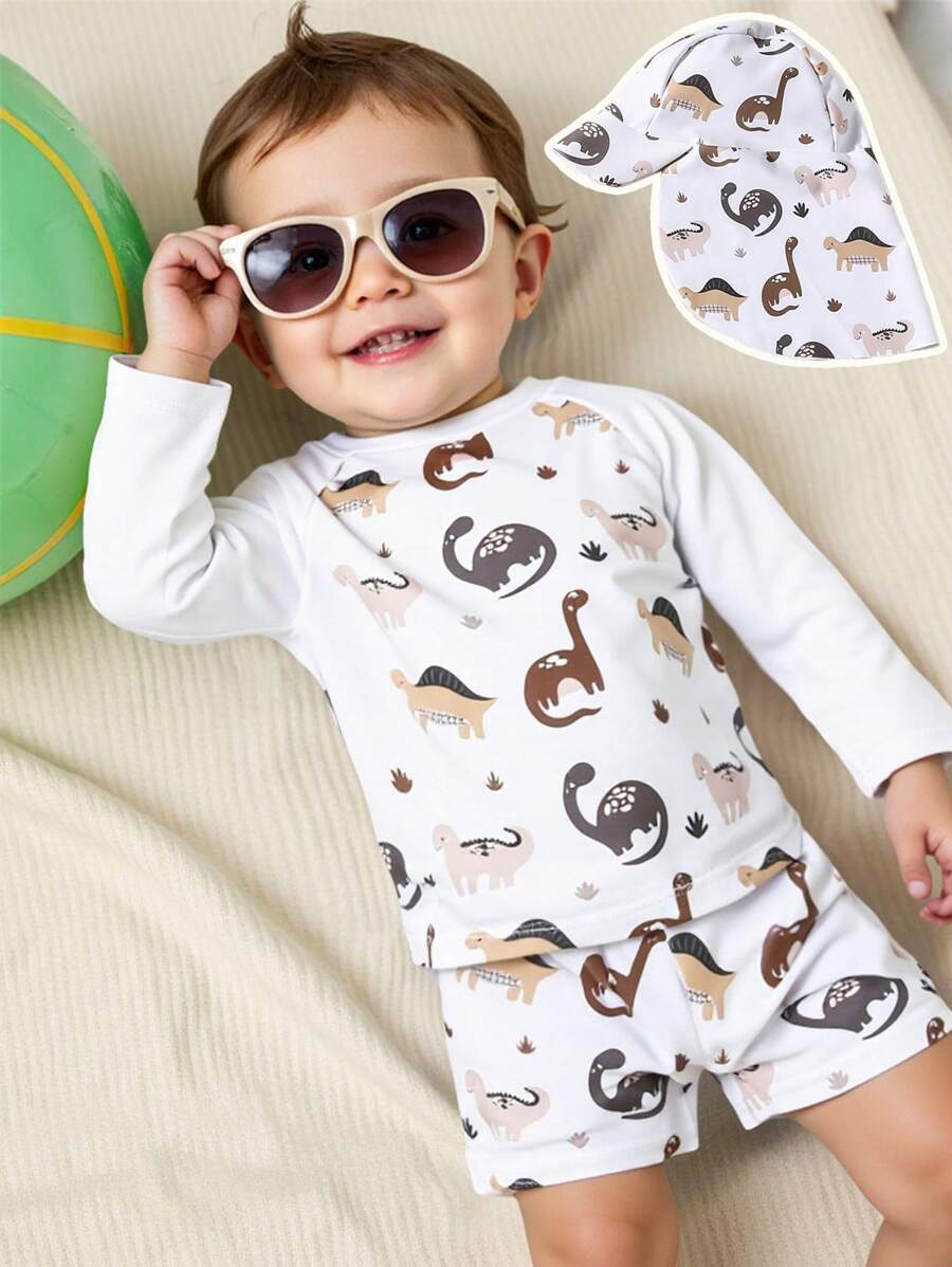 3pcs/Set Baby Boy Dinosaur Print Swimsuit With Sun Protection Hat, Beach Playwear - White - View 1
