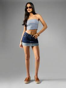 MISSGUIDED Denim Mini Skirt Rigid Wash Fold Over Cuff High Rise Raw Hem Classic Above Knee Summer - Dark Wash - View 3