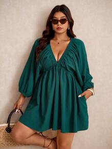 Elaquor 大码纯色简约深V领长袖休闲连衣裙