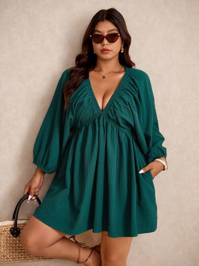 Elaquor Plus Size Solid Color Minimalist Deep V Neck Long Sleeve Casual Dress,Sun Dresses For Women