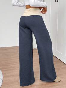 INAWLY 女式撞色腰带休闲直筒运动裤 - 藍色 - 查看 2