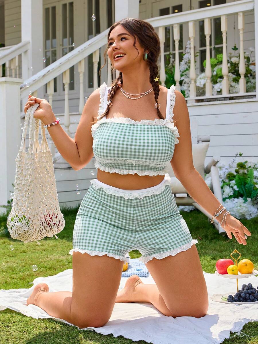 Swim Mod 2pcs/Set Plus Size Women's Green Plaid & Random Floral Print Bow Collar Ruffle Hem Top And Shorts Set, Cute Simple Style Camisole Bikini For Summer Beach Vacation