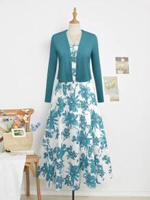 Franclia Plus Size 2-Piece Set: Solid Color Long Sleeve Jacket And Floral Print Slip Dress Fall Cloth For Women - Teal Blue - View 5