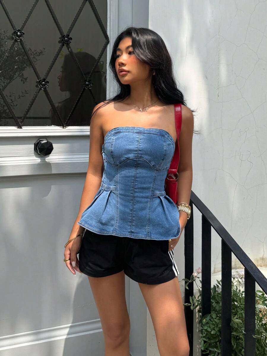 SHEIN EZwear 女士纯色牛仔紧身胸衣 - 藍色 - 查看 1