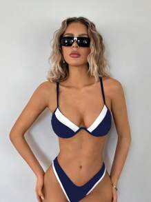 SHEIN ICON Women's Contrast Color Spaghetti Strap Bikini Top, Suitable For Summer Beach