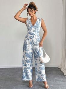 SHEIN Unity Plus Size Women Deep V Neck Sleeveless Printed Slim Fit Romper For Casual/Vacation - Blue and White - View 6