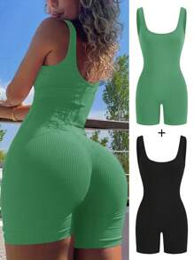 SHEIN SXY 2 Packs Women's Summer Casual Solid Color Sleeveless Jumpsuit - Green - View 1