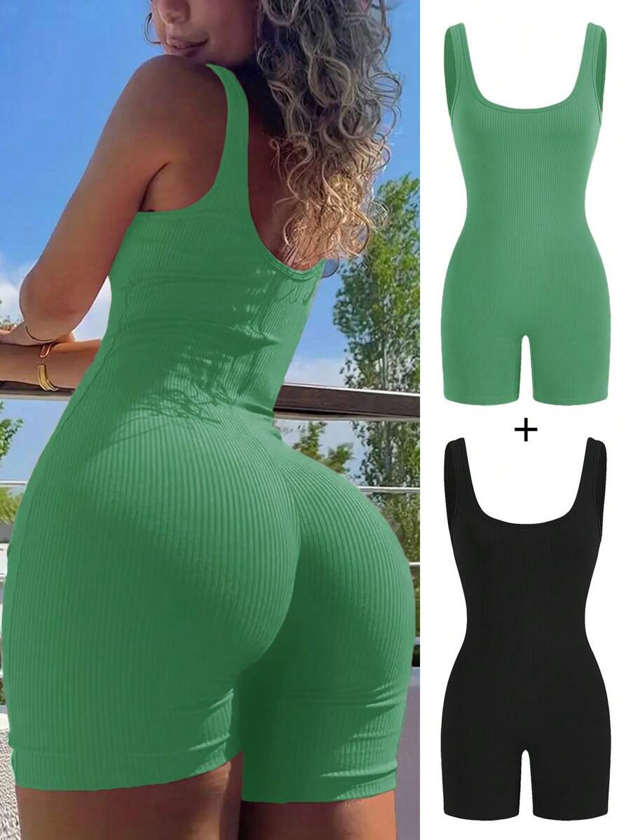 SHEIN SXY 2 Packs Women's Summer Casual Solid Color Sleeveless Jumpsuit - Green - View 1