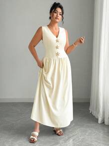 Elenzga 大码女式编织纯色 V 领无袖海星胸针装饰束腰长裙，优雅精致 - 杏色 - 查看 3