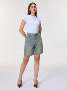 SHEIN Essnce 女式休闲磨边直筒牛仔短裤